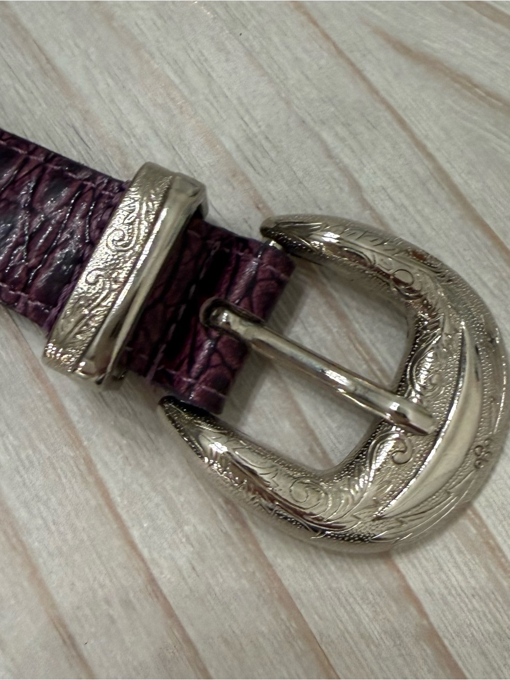 Milor Vinrage Purple Leather Belt with Engraved Silver Metal  Buckle
